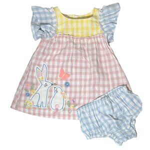 Mud Pie 3-6m NWT Dress Gingham Easter Bunny Rabbit bloomers pink blue applique